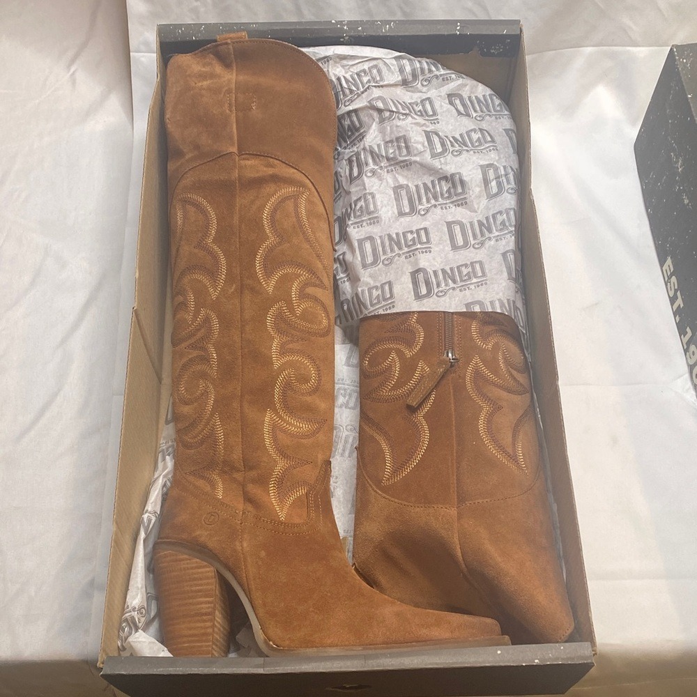 Dingo Whiskey Brown Suede Over The Knee Western Cowboy Boots‎ Pointed Toe Heel - Picture 2 of 12